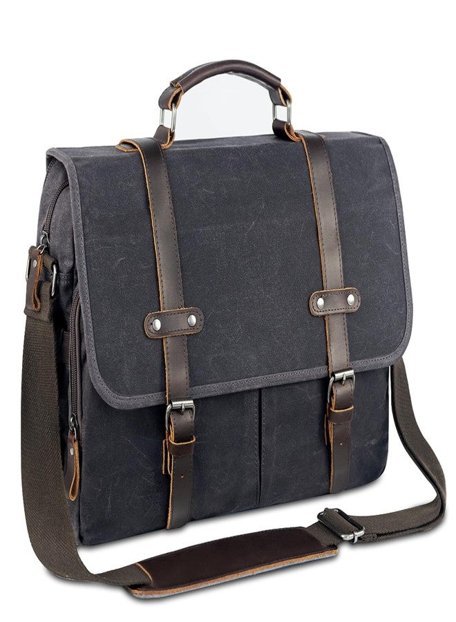 Wogarl 15.6 Inch Messenger Bag for Men: Genuine Leather Waxed Canvas Briefcase Large Computer Laptop Bag, Satchel Shoulder Handbags Crossbody Bags for Work (Grey Black) - Image 1